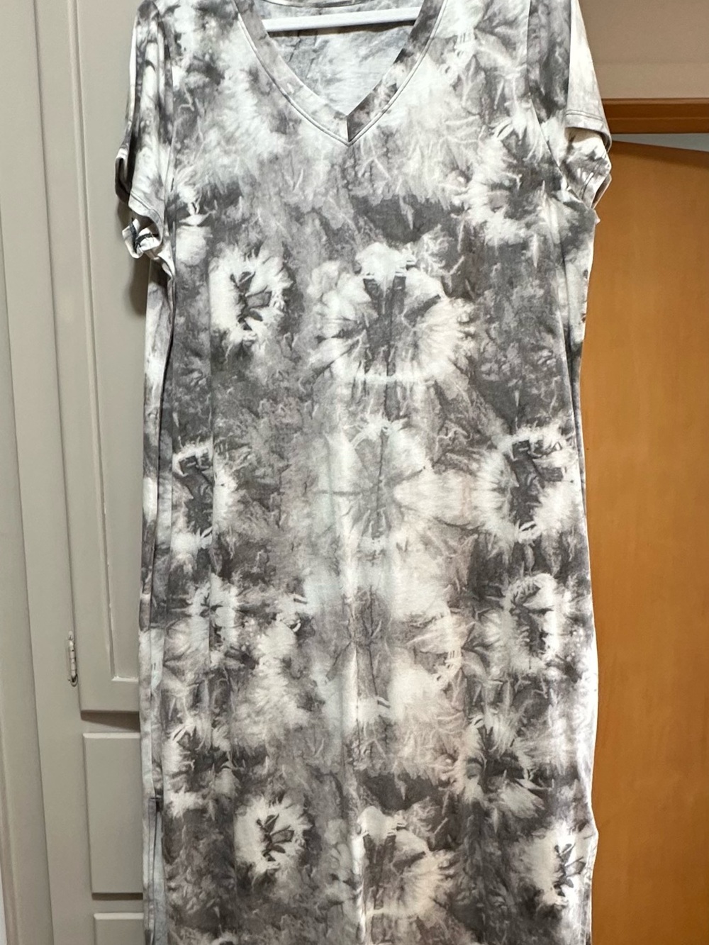 Woman Within Gray and White Tie-Dye V-Neck Dress